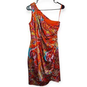 Lauren Ralph Lauren Flamingo Orange Paisley One Shoulder Sateen Dress sz 4